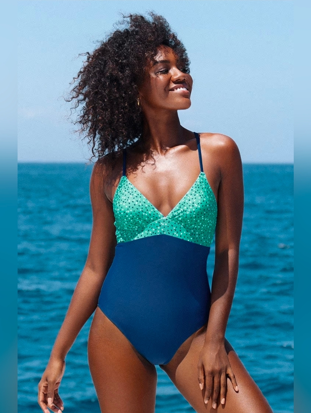 Cupshe Adalee Lace Up Back Green & Navy V-Neck One-Piece Swimsuit